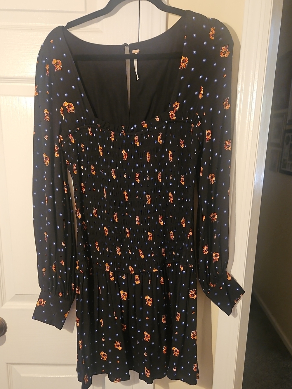 NWOT Free People Black Floral Smocked Long-Sleeve Mini Dress